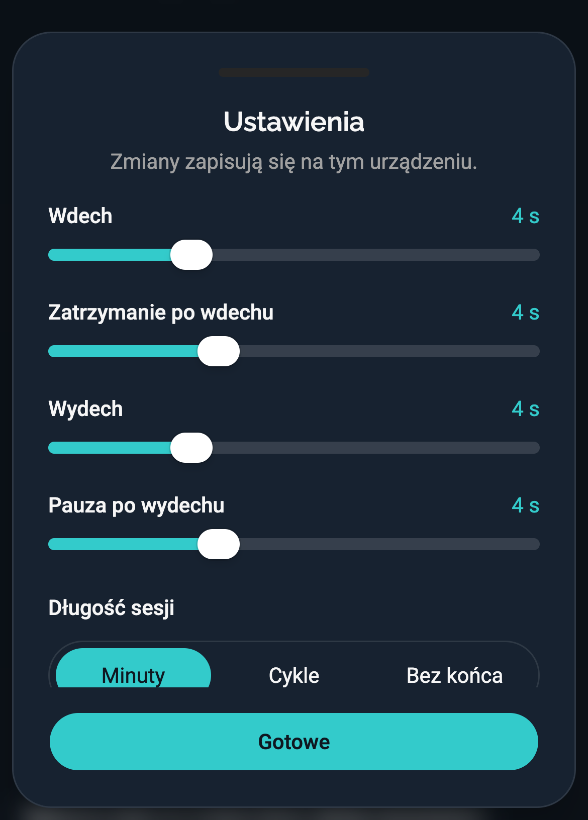 ustawienia ćwiczenia oddechowego - własny rytm